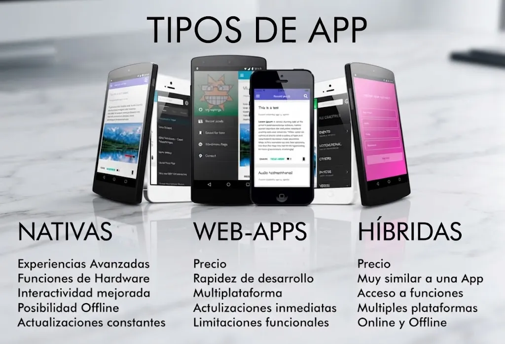 Infografía Tipos de App: cinco teléfonos y tres columnas con las características de las apps nativas, las web-apps y las híbridas