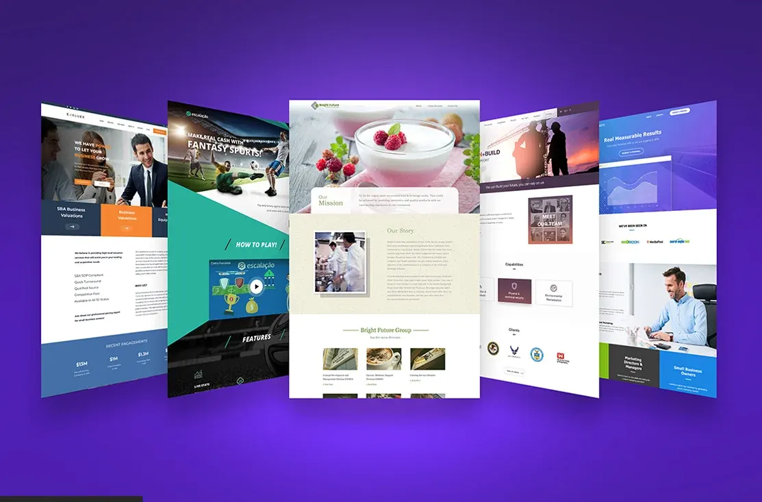 Cinco diseños de páginas web de distintos sectores mostrados en perspectiva sobre fondo morado